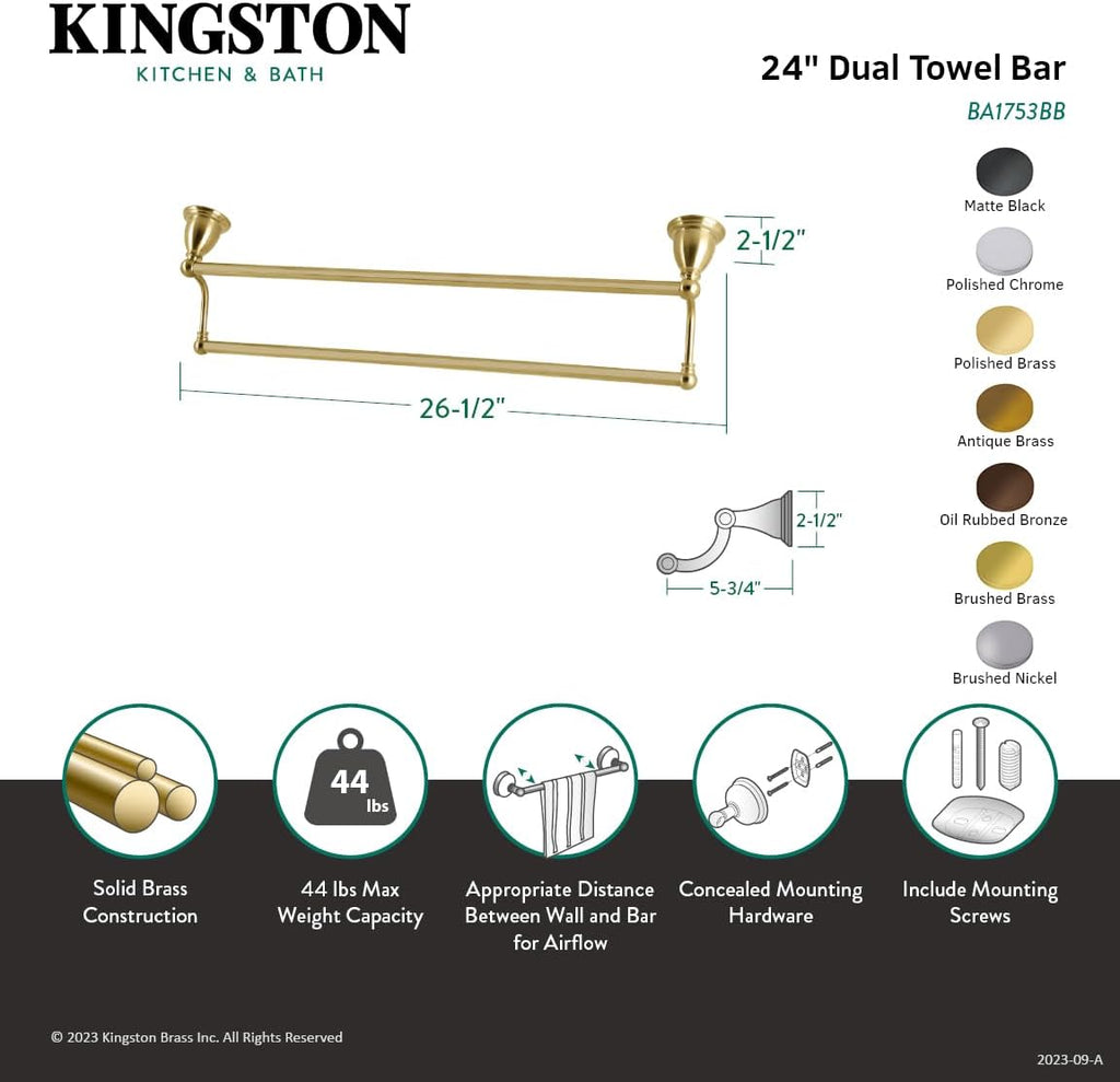 Kingston Brass BA1753PB Heritage 24-Inch Double -Towel Bar, Polished Brass