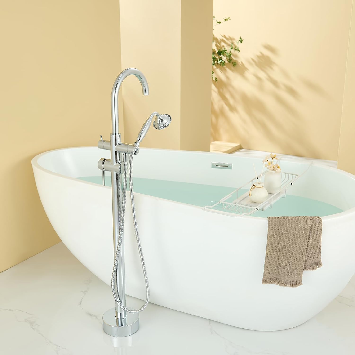 Wowkk Tub Filler Freestanding Bathtub Faucet Chrome Floor Mounted Brass Bathroom Tub Faucets with Hand Shower