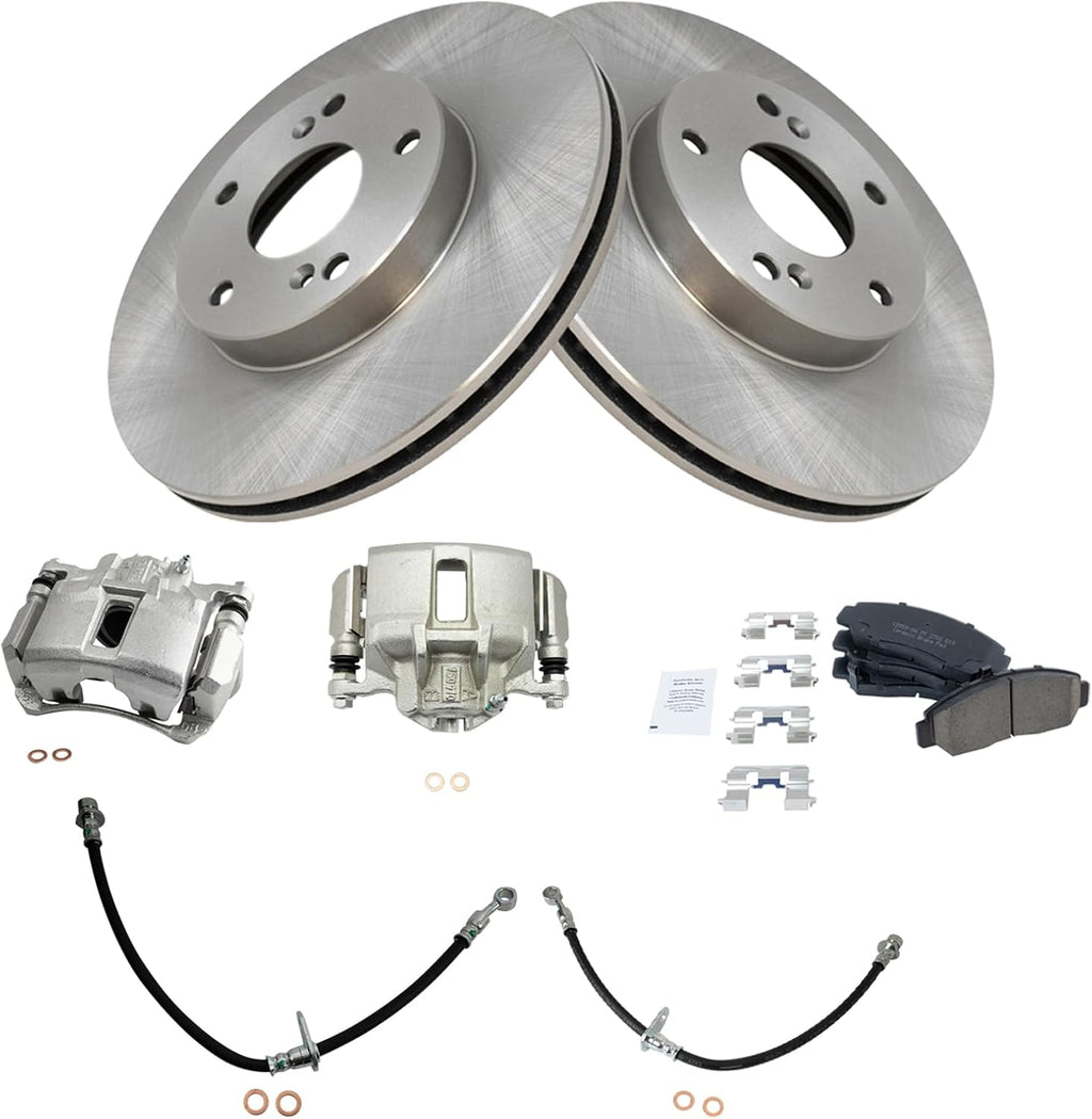 TRQ Front Brake Pad and Rotor Set Ceramic Vented Rotors Calipers Hoses Compatible with 2003-2007 Honda Accord