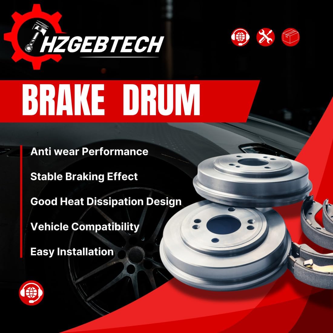 Brake Drum 2X Rear Automotive Replacement Brake Kit for Ford Fiesta 1.6L 2011 2012 2013 2014 2015 2016 2017 2018 2019, for Ford Fiesta 1.0L 2014 2015 2016 2017