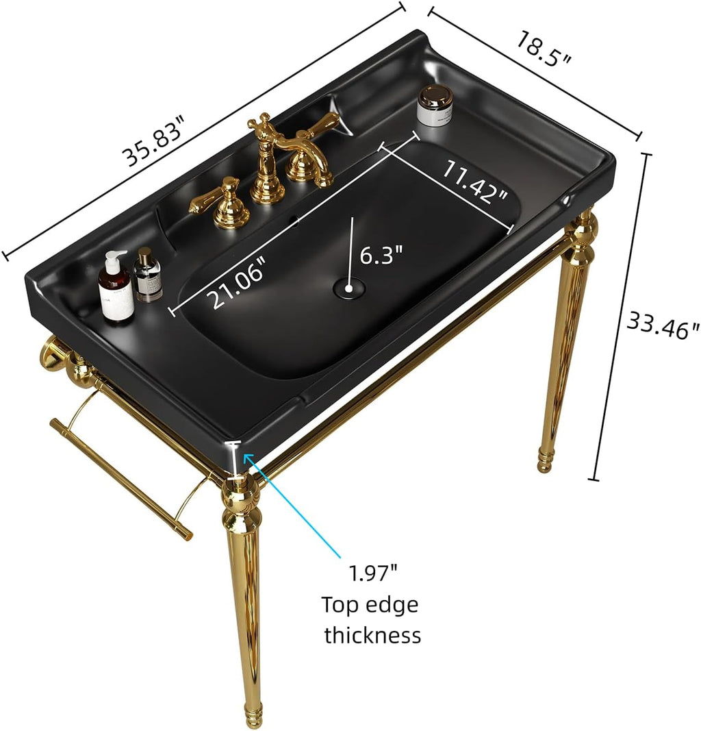 36'' Console Bathroom Sink, Freestanding Console Sink With Stainless Brushed Gold Legs, Modern Bathroom Vanity with 3 Tap Holes and Pop Up Drain, Black