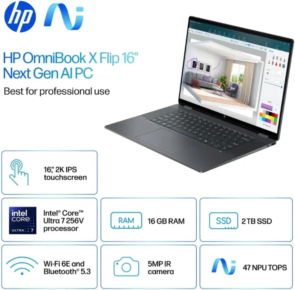 HP Envy 2-in-1 Laptop, OmniBook X Flip 16' FHD+ Touch Copilot+ PC, Intel Core Ultra 7 256V, Intel Arc 140V (8GB), 23H Battery, Win 11, Eclipse Gray, W/Stylus Pen (Win11 Home, 16GB | 2TB SSD)