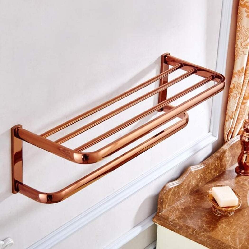 Towel Rails Rack Bath Towel Rack, Wall Mounted Simple Double Towel Holder Hotel Washroom Bathroom Polished Brass Towel Shelf, 58cm, Rose Gold