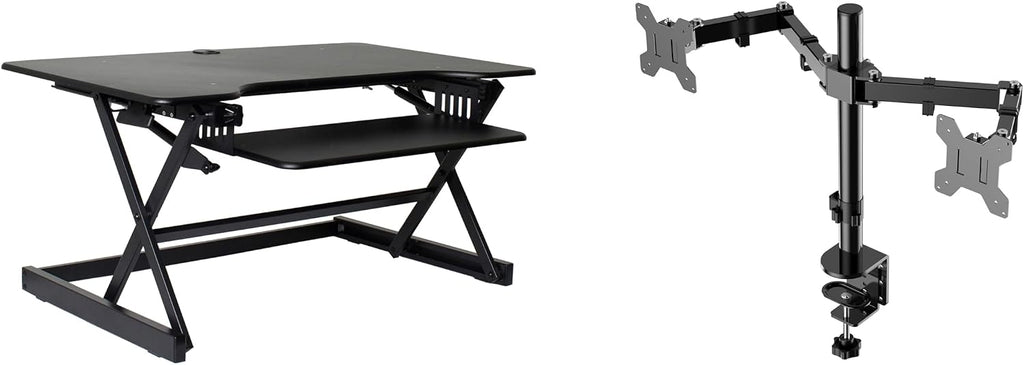Rocelco 40' Large Height Adjustable Standing Desk Converter with Dual Monitor Mount BUNDLE - Quick Sit Stand Up Computer Workstation Riser - Retractable Keyboard Tray - Black (R DADRB-40-DM2)