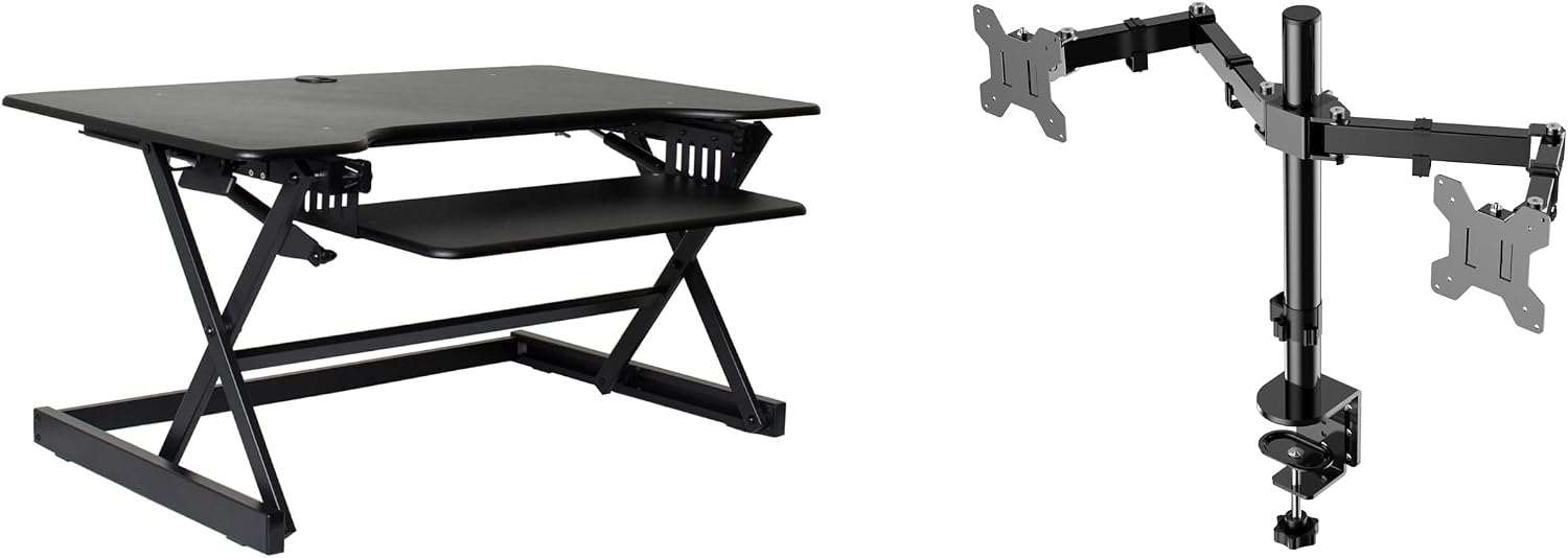 Rocelco 40' Large Height Adjustable Standing Desk Converter with Dual Monitor Mount BUNDLE - Quick Sit Stand Up Computer Workstation Riser - Retractable Keyboard Tray - Black (R DADRB-40-DM2)