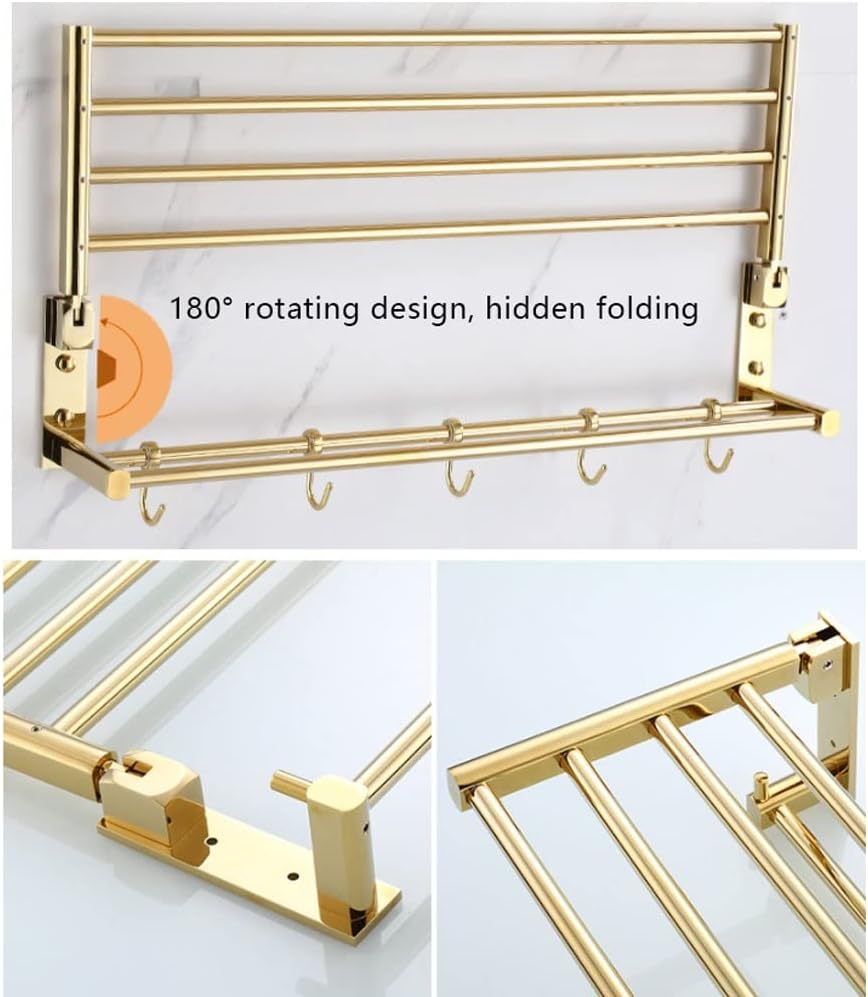 Towel Rack Foldable All Copper Towel Rack with 5 Hooks Towel Bar Wall Mounted Towel Holder Double Towel Shelf Bathroom Accessories Bathroom Towel Rack(A-Gold)