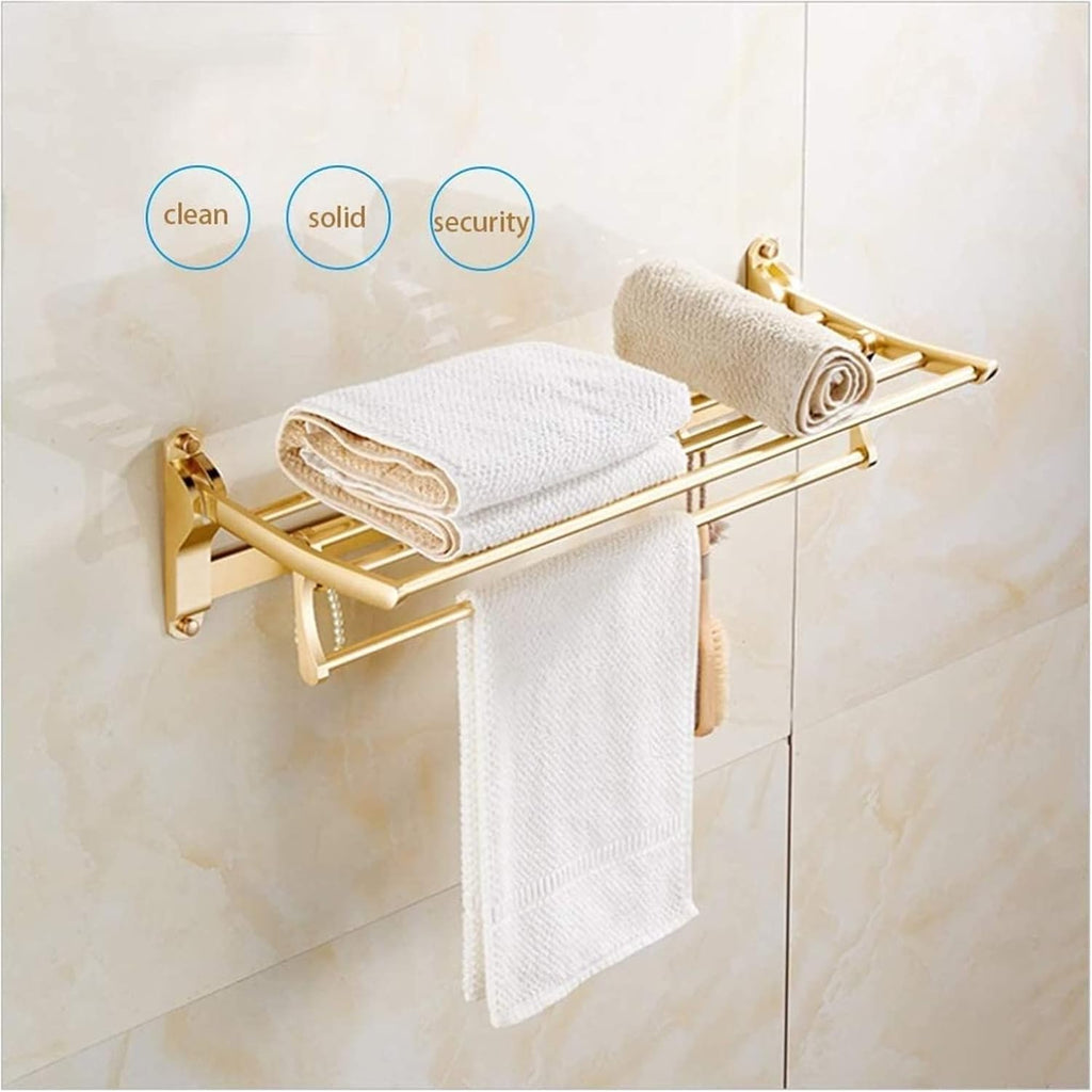 Towel Rack Towel Shelf Bathroom Towel Rail Foldable Double Wall Mounted Towel Holder with Hooks 60cm Aluminum Towel Rack with Multi Towel Bar for Kitchen Bathroom Toilet Hotel Office/Gold
