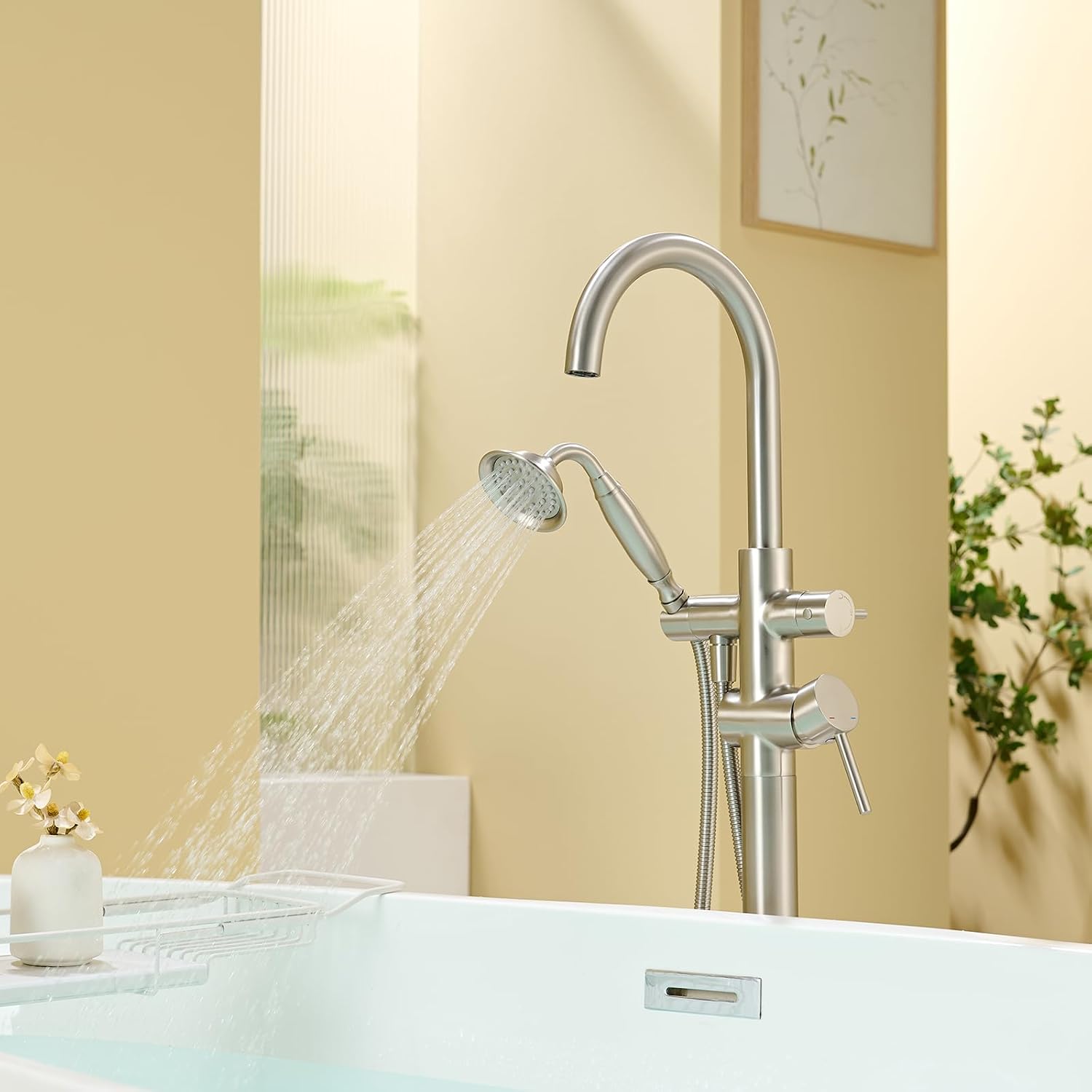 Wowkk Tub Filler Freestanding Bathtub Faucet Brushed Nickel Floor Mounted Brass Bathroom Tub Faucets with Hand Shower