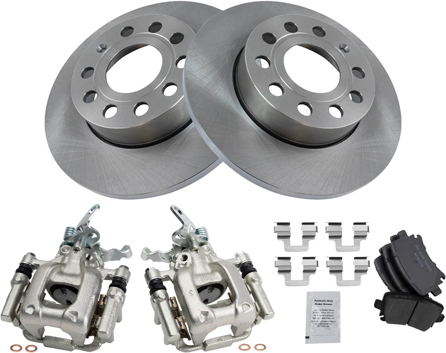 TRQ Rear Brake Pad and Rotor Set Ceramic Solid Rotors Calipers Compatible with 2010 Audi A3 A3 Quattro