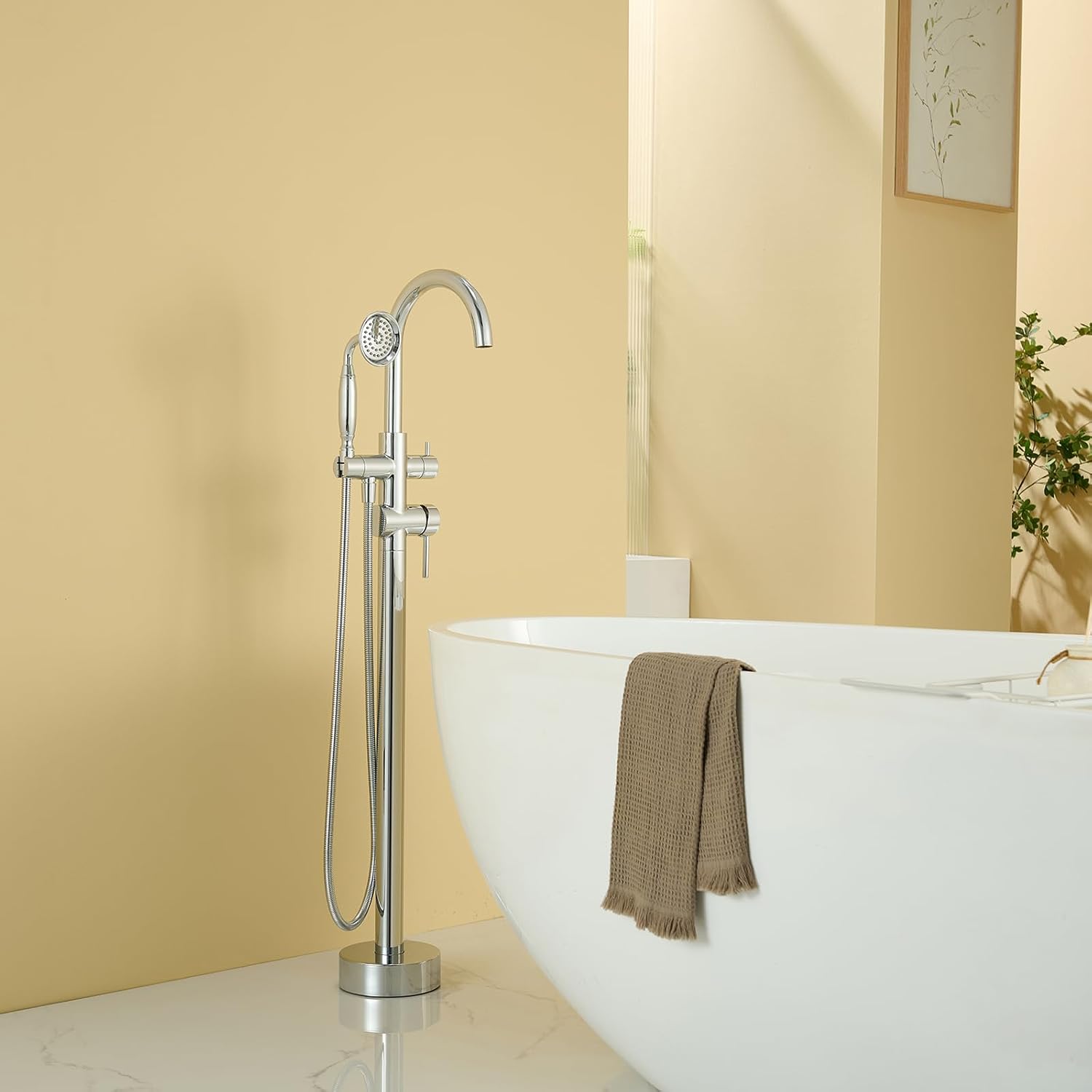 Wowkk Tub Filler Freestanding Bathtub Faucet Chrome Floor Mounted Brass Bathroom Tub Faucets with Hand Shower