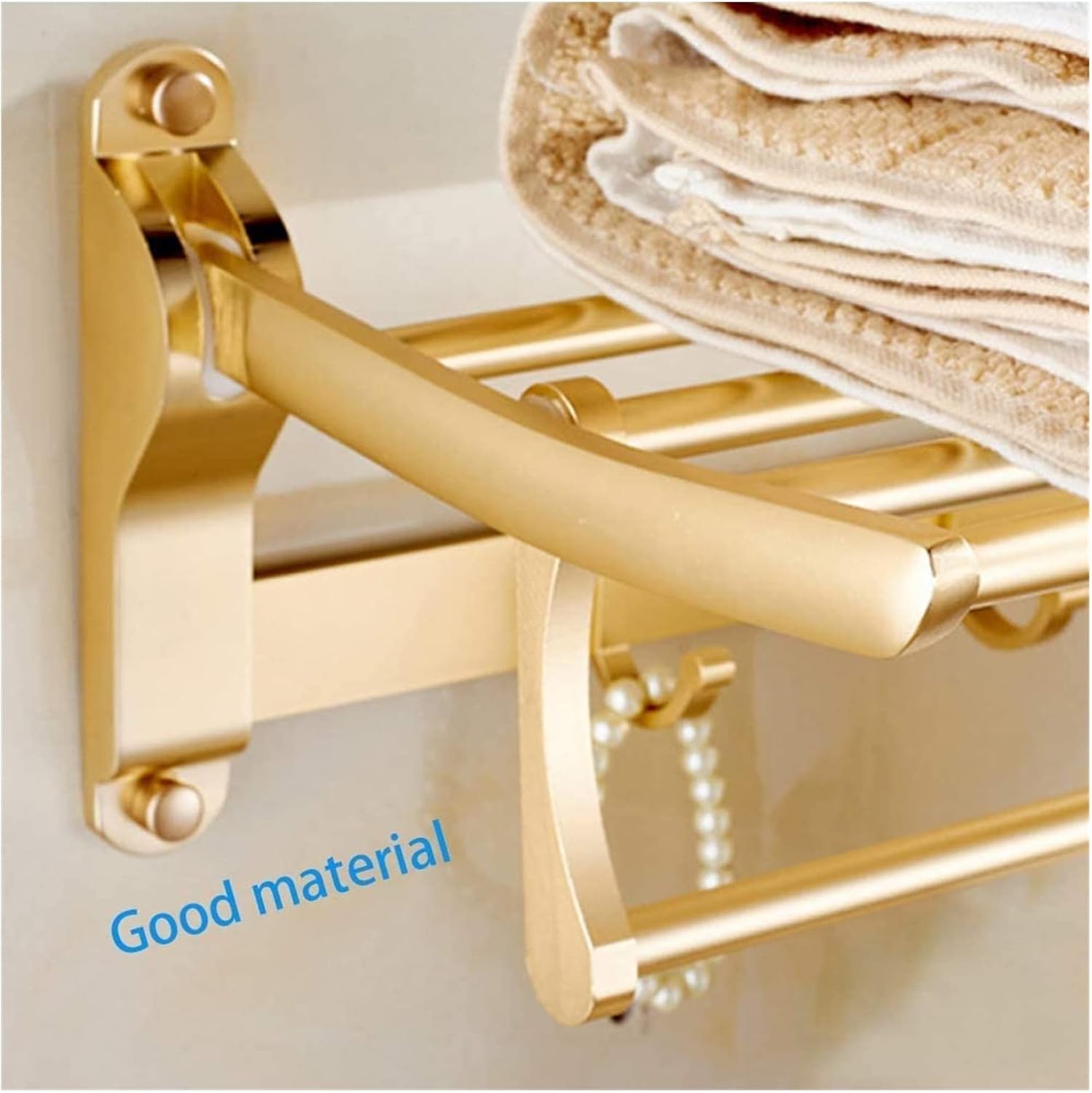 Towel Rack Towel Shelf Bathroom Towel Rail Foldable Double Wall Mounted Towel Holder with Hooks 60cm Aluminum Towel Rack with Multi Towel Bar for Kitchen Bathroom Toilet Hotel Office/Gold