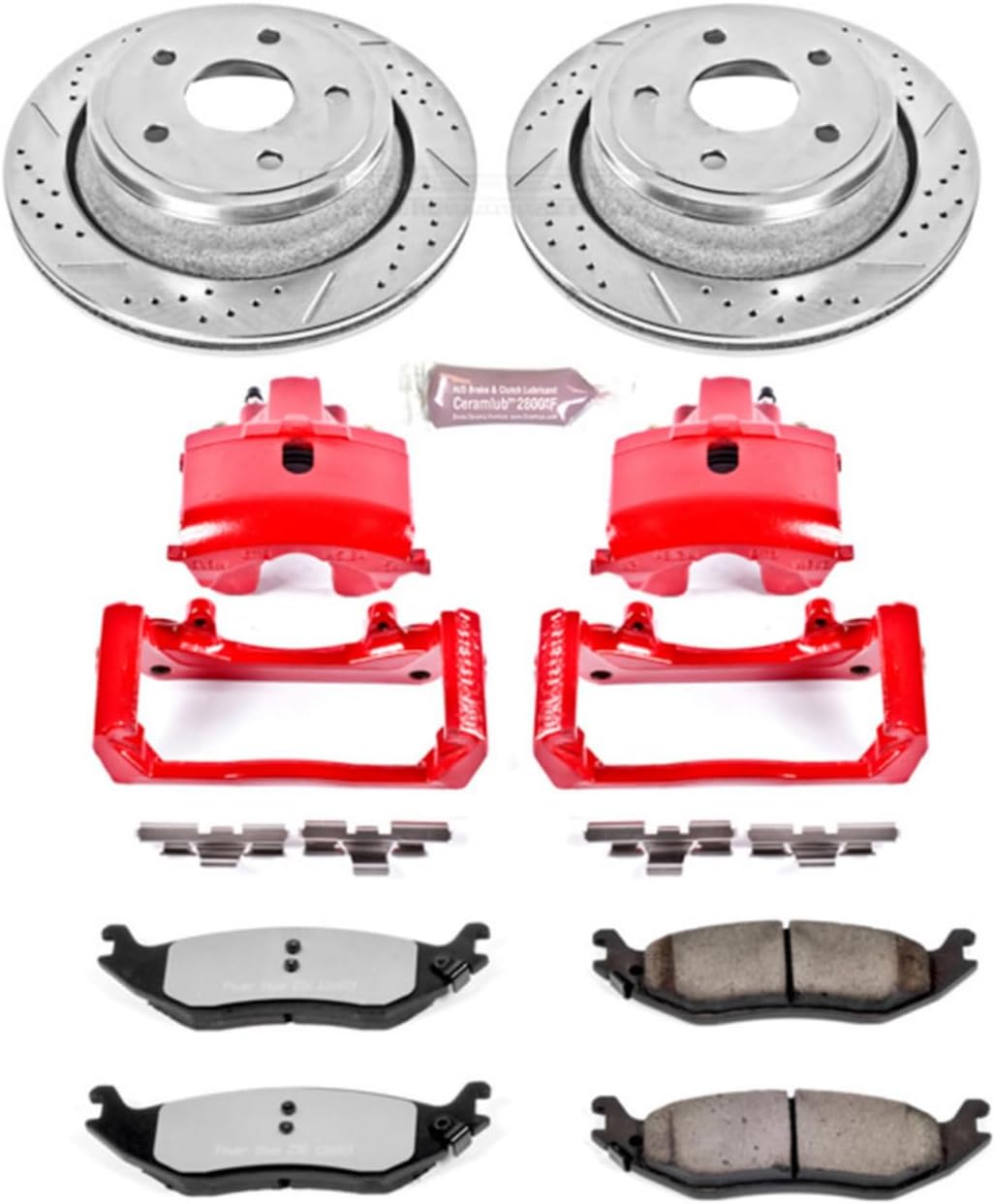 PowerStop Rear Brake & Caliper Kit for Chrysler Aspen 2007-09 |Dodge Durango 2004-09 |Ram 1500 2002-10 - Drilled & Slotted Disc Rotors + Z36 Brake Pads + Red-Powder Coated Calipers, KC2172-36