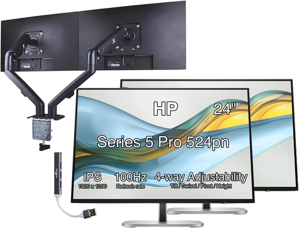 HP Series 5 Pro 24' WUXGA IPS Monitor with 5ms Response Time, Flicker Free, VESA Mount (100mm), Displayport, HDMI, Black/Silver Color 2 Pack with DKZ Hub & ErgoFlexy Dual Monitor Mount