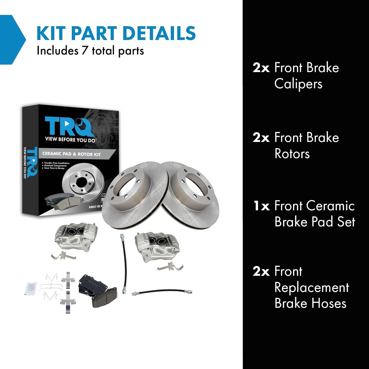 TRQ Front Brake Pad and Rotor Set Ceramic Rotors Calipers Hoses Compatible with 2001-2002 Toyota 4Runner