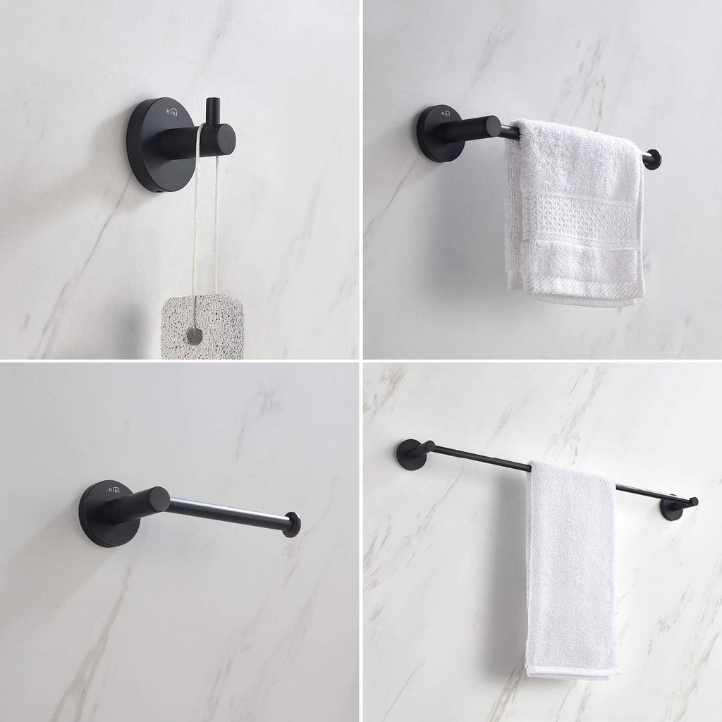 KIBI 4-Piece Circular Bathroom Hardware Set - Matte Black Finish | Includes Towel Bar, Towel Ring, Toilet Paper Holder, and Robe Hook | Durable Solid Brass Construction and Rust-Resistant (C-KBA14-4)
