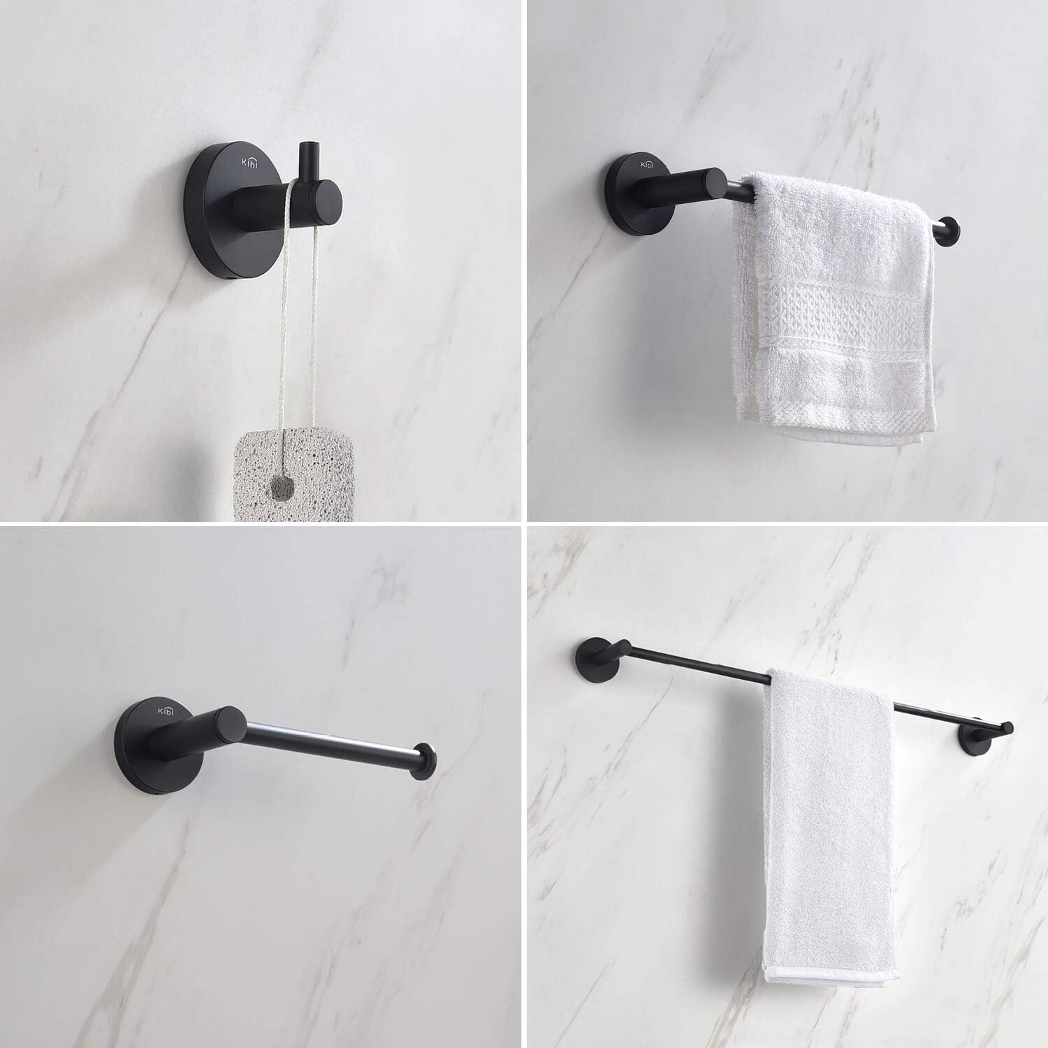KIBI 4-Piece Circular Bathroom Hardware Set - Matte Black Finish | Includes Towel Bar, Towel Ring, Toilet Paper Holder, and Robe Hook | Durable Solid Brass Construction and Rust-Resistant (C-KBA14-4)