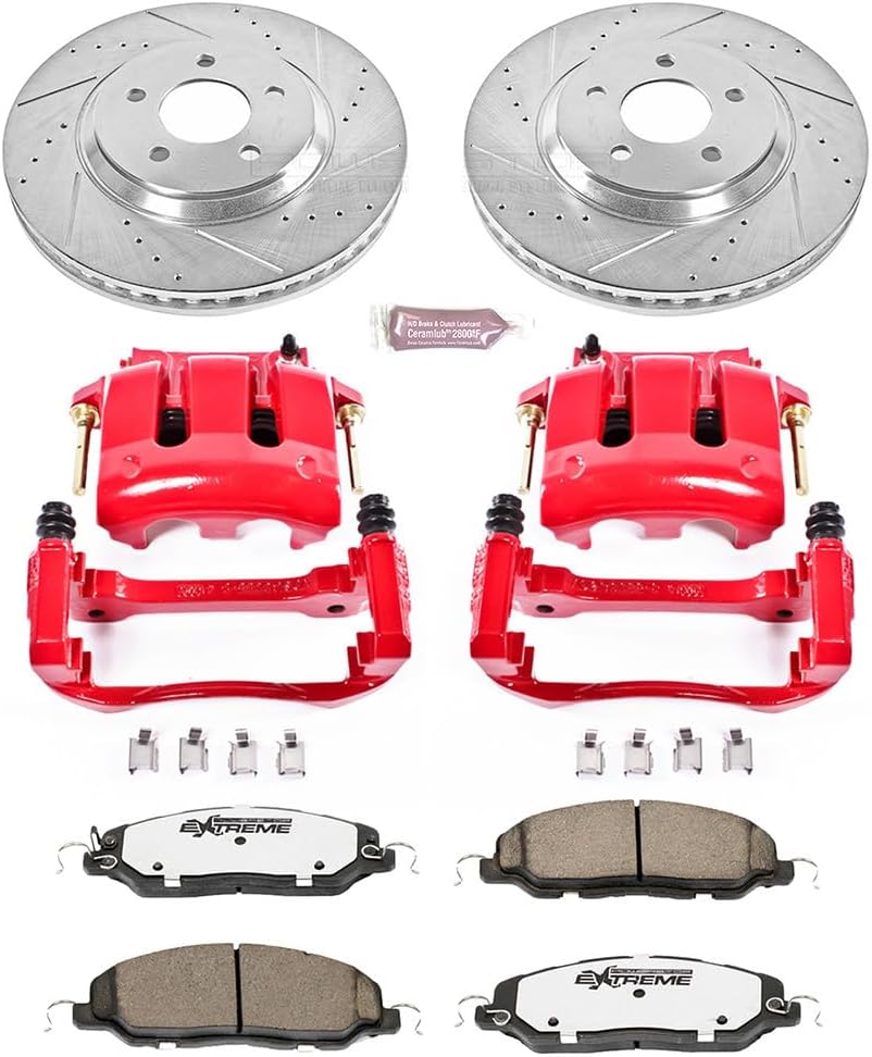 PowerStop Front and Rear Brake & Caliper Kit for Ford Expedition 2000-02 | Lincoln Navigator 2000-02 - Drilled & Slotted Disc Rotors + Z36 Brake Pads + Red-Powder Coated Calipers, KC5461-36