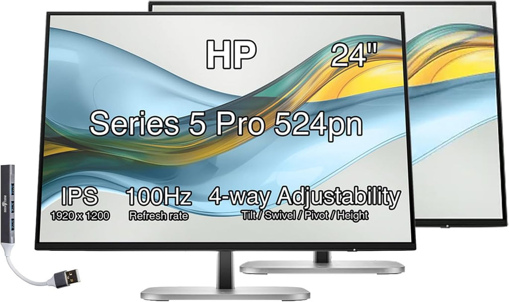 HP Series 5 Pro 524pn 24' 100Hz 300 Nits WUXGA IPS Monitor, Anti Glare, Flicker Free, VESA Mount, Adjustable Tilt, Swivel, Pivot & Dockztorm USB Port Expander, Black/Silver (9D9A7AA#ABA) 2 Pack