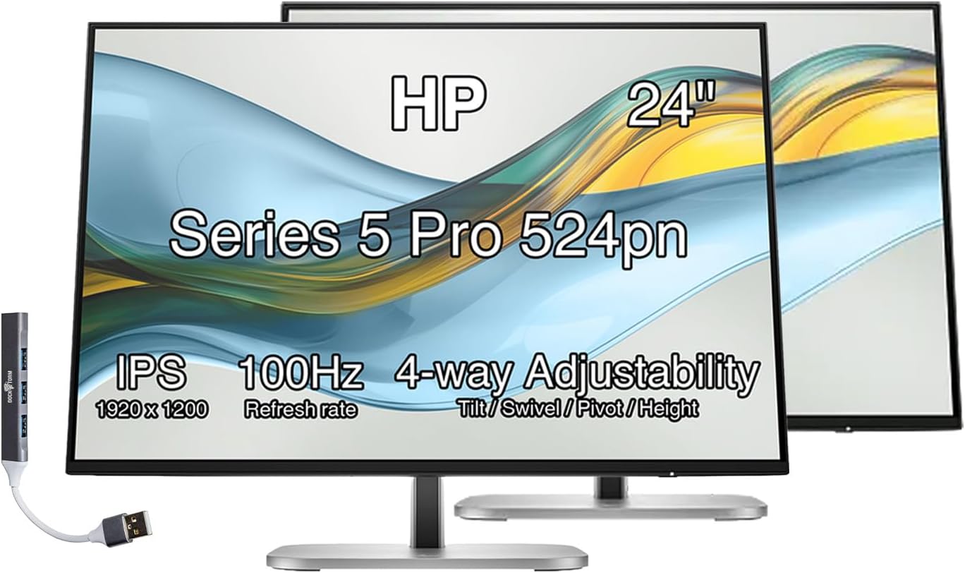 HP Series 5 Pro 524pn 24' 100Hz 300 Nits WUXGA IPS Monitor, Anti Glare, Flicker Free, VESA Mount, Adjustable Tilt, Swivel, Pivot & Dockztorm USB Port Expander, Black/Silver (9D9A7AA#ABA) 2 Pack
