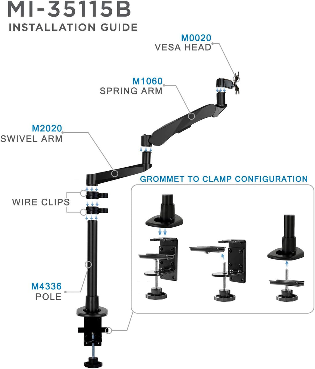 Mount-It! Premium Modular Monitor Desk Mount Arm Stand | Full Motion Gas Spring Arm Fits 19 21.5 24 27 32 Inch Computer Screens with 75 100 VESA Patterns | C-Clamp and Grommet Bases | Black