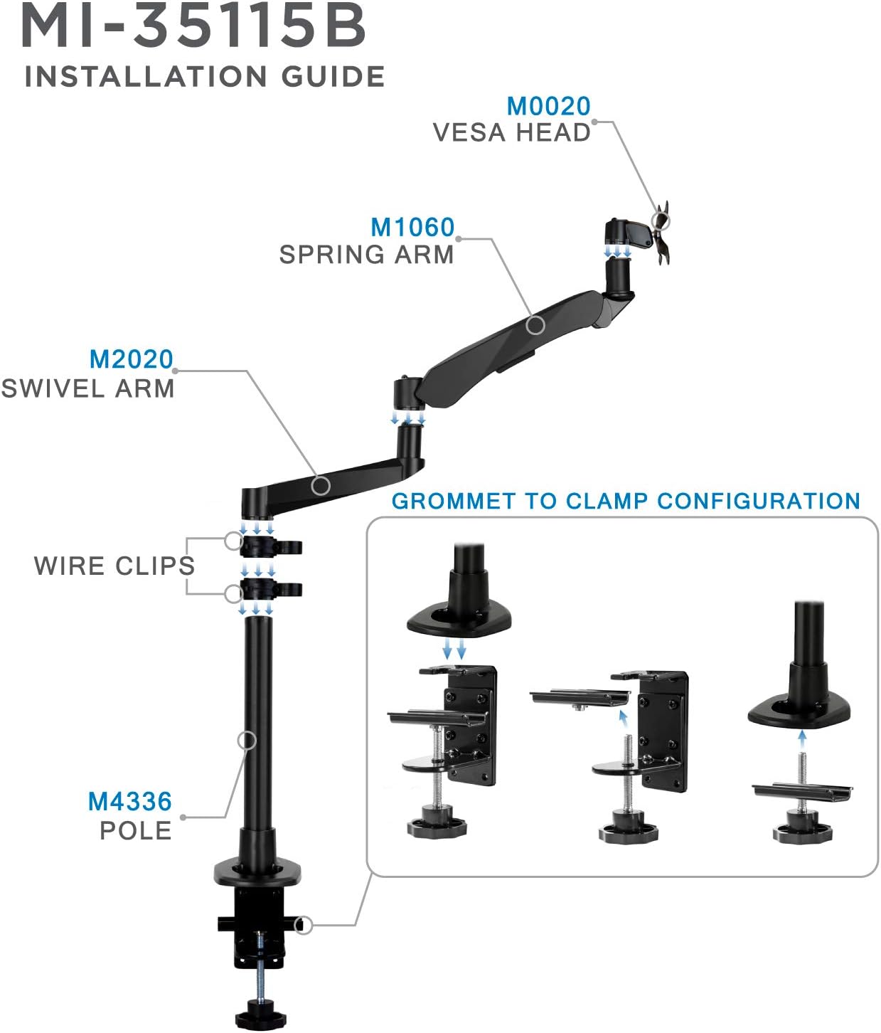 Mount-It! Premium Modular Monitor Desk Mount Arm Stand | Full Motion Gas Spring Arm Fits 19 21.5 24 27 32 Inch Computer Screens with 75 100 VESA Patterns | C-Clamp and Grommet Bases | Black