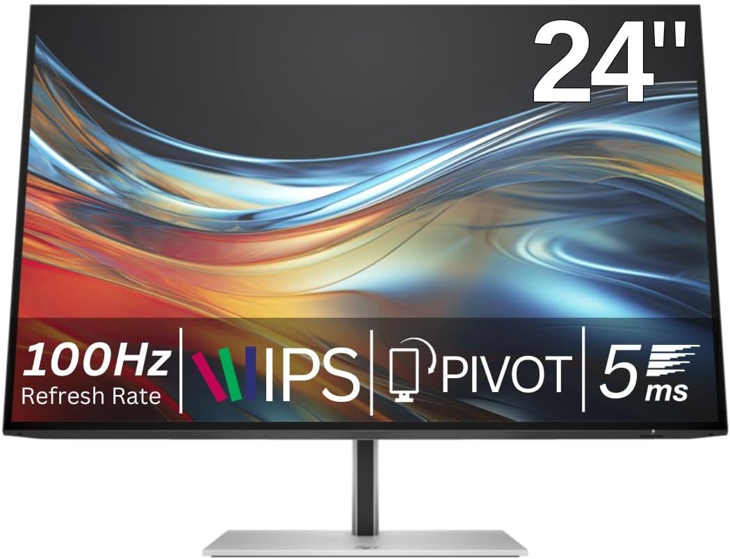 HP Series 7 Pro 24 Inch WUXGA Desktop Monitor 724pn 100Hz IPS 16:10 350 nits Anti-Glare Height Adjustable Tilt Swivel Pivot VESA Mountable HDMI USB Hub DisplayPort 5ms Black/Silver 8X534AA (Renewed)