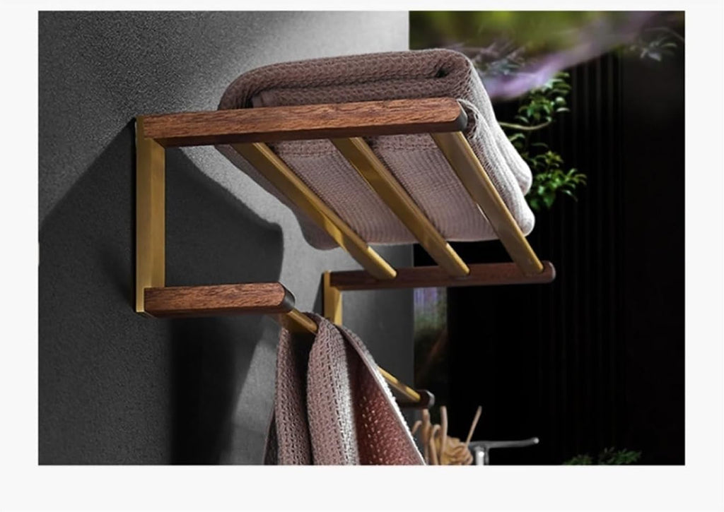 Towel Hanger for Bathroom,Walnut Wood Rack Double Rail Bar Shelf Wall Mounted Holder Space Aluminum Towels Storage Laundry Room Bars(50 * 20.5 * 12cm)