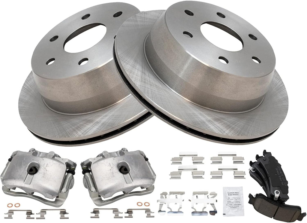 TRQ Rear Brake Pad and Rotor Set Ceramic Vented Rotors Calipers Compatible with 2005 Chevrolet Silverado 1500