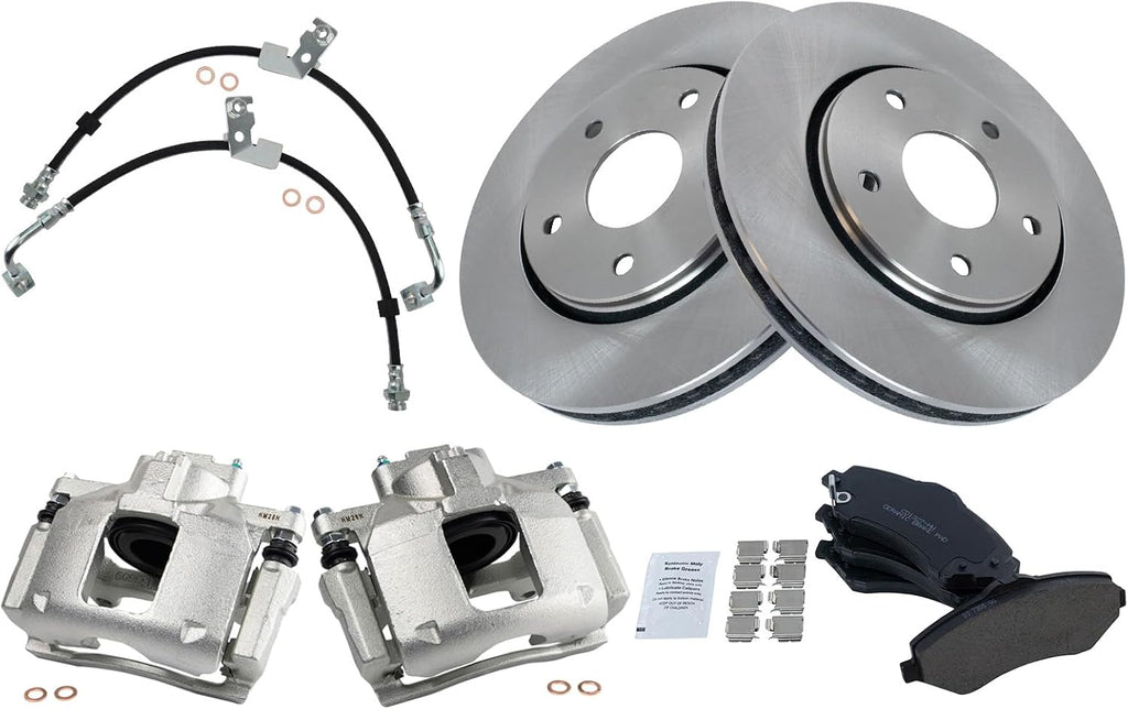 TRQ Front Brake Pad and Rotor Set Ceramic Vented Rotors Calipers Hoses Compatible with 2009-2013 Dodge Journey