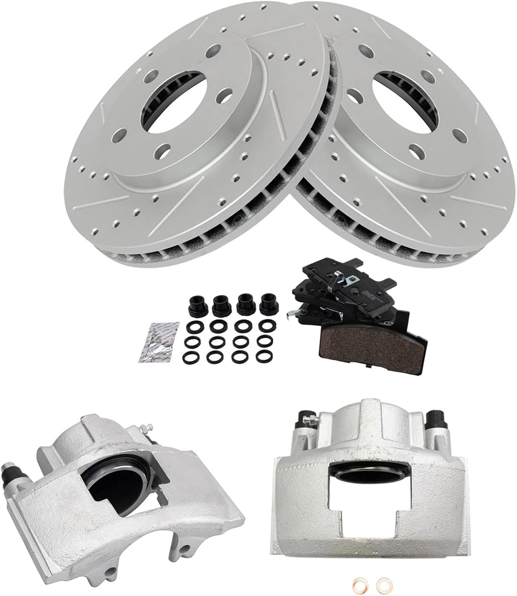 TRQ Performance Front Brake Pad and Rotor Set Ceramic Vented Coated Slotted Drilled Rotors Calipers Compatible with 1991-1993 Cadillac DeVille 1991-1992 Fleetwood