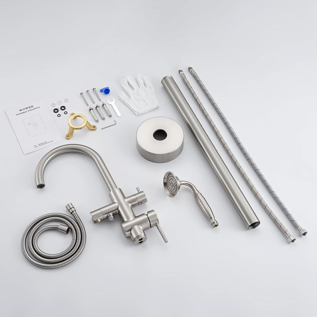 Wowkk Tub Filler Freestanding Bathtub Faucet Brushed Nickel Floor Mounted Brass Bathroom Tub Faucets with Hand Shower