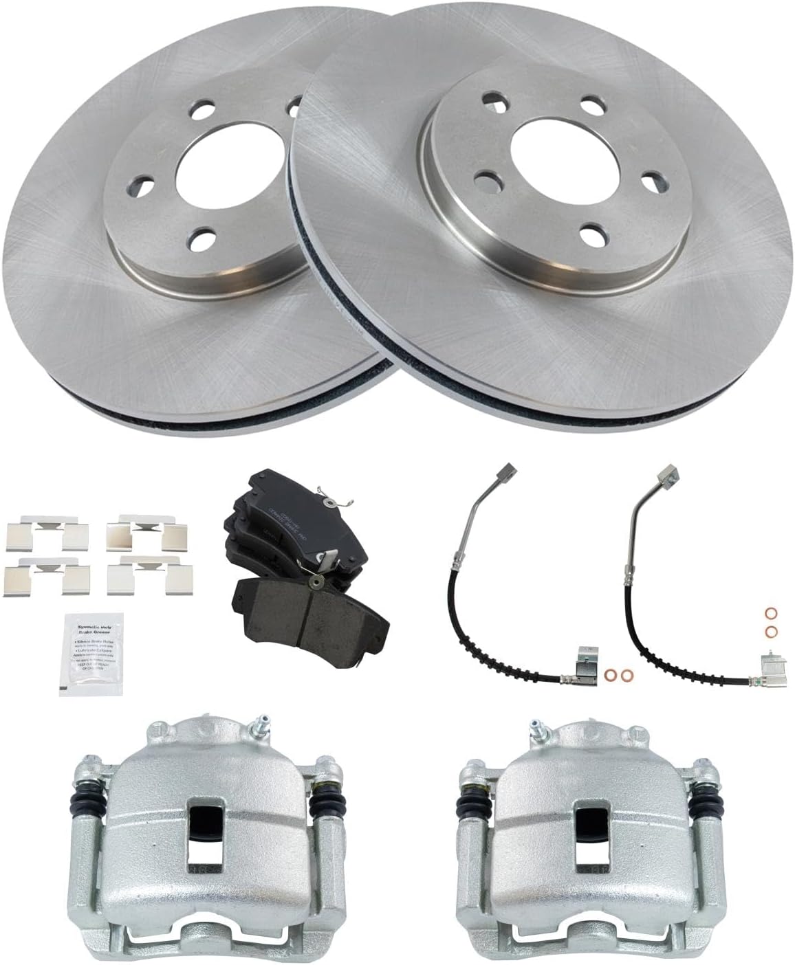 TRQ Front Brake Pad and Rotor Set Ceramic Rotors Calipers Hoses Compatible with 2001-2009 Chrysler PT Cruiser