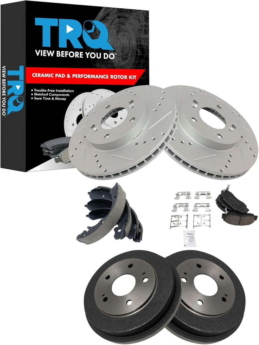 TRQ Performance Front and Rear Brake Pad & Rotor, Shoe & Drum Kit Compatible with 1997-2001 Honda CR-V