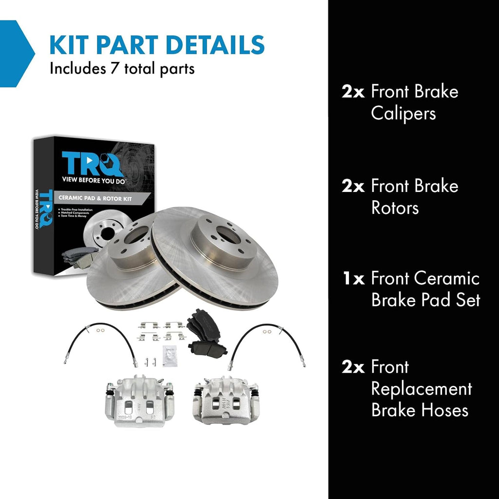 TRQ Front Brake Pad and Rotor Set Ceramic Rotors Calipers Hoses Compatible with 2001 Subaru Outback