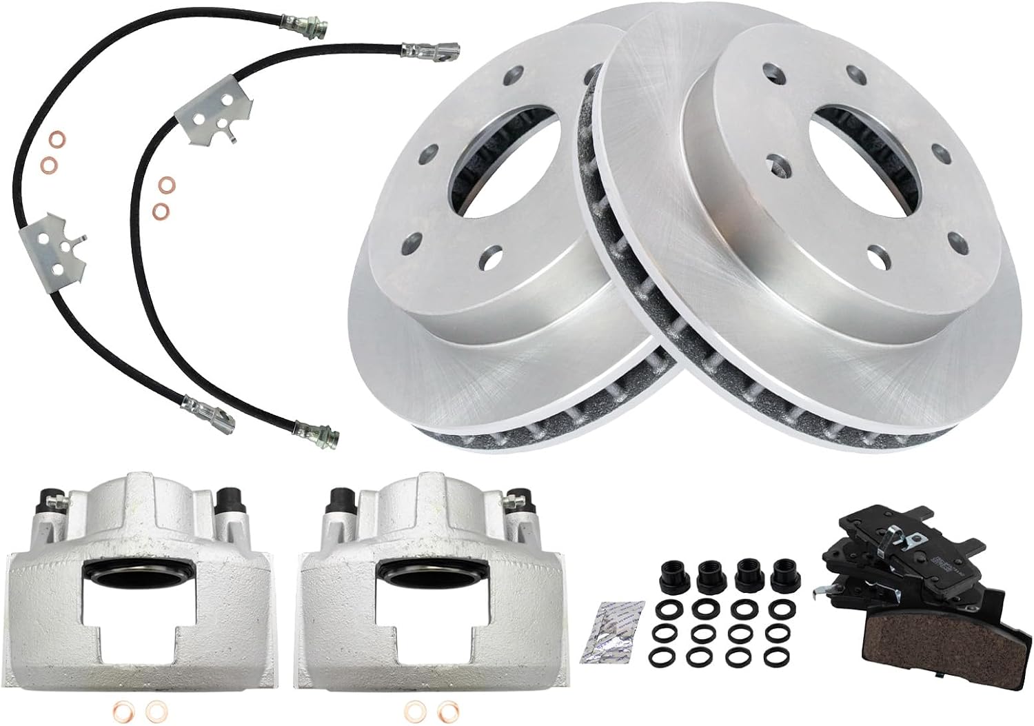 TRQ Front Brake Pad and Rotor Set Ceramic Rotors Calipers Hoses Compatible with 1997-1998 Chevrolet K2500 1997 GMC K2500