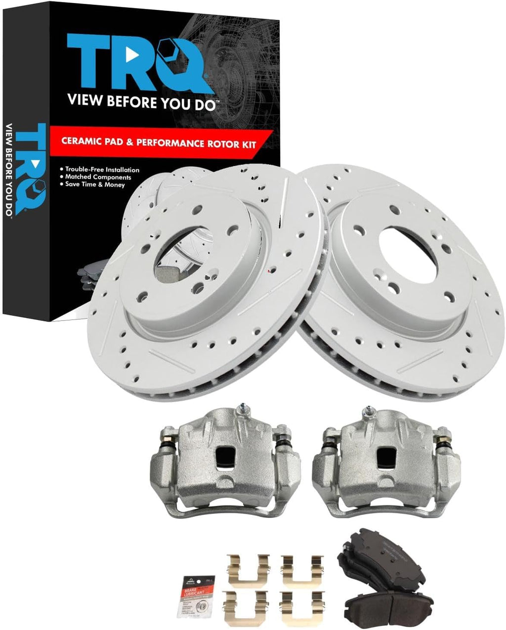 TRQ Performance Front Brake Pad and Rotor Set Ceramic Drilled Slotted Coated Rotors Calipers Compatible with 2007-2010 Hyundai Elantra