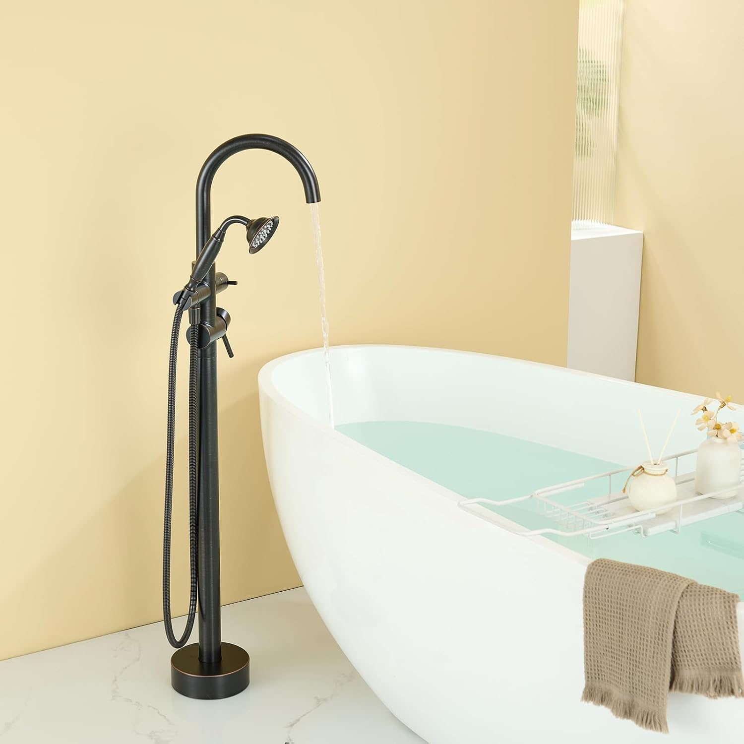 Wowkk Tub Filler Freestanding Bathtub Faucet Oil Rubbed Bronze Floor Mounted Brass Bathroom Tub Faucets with Hand Shower
