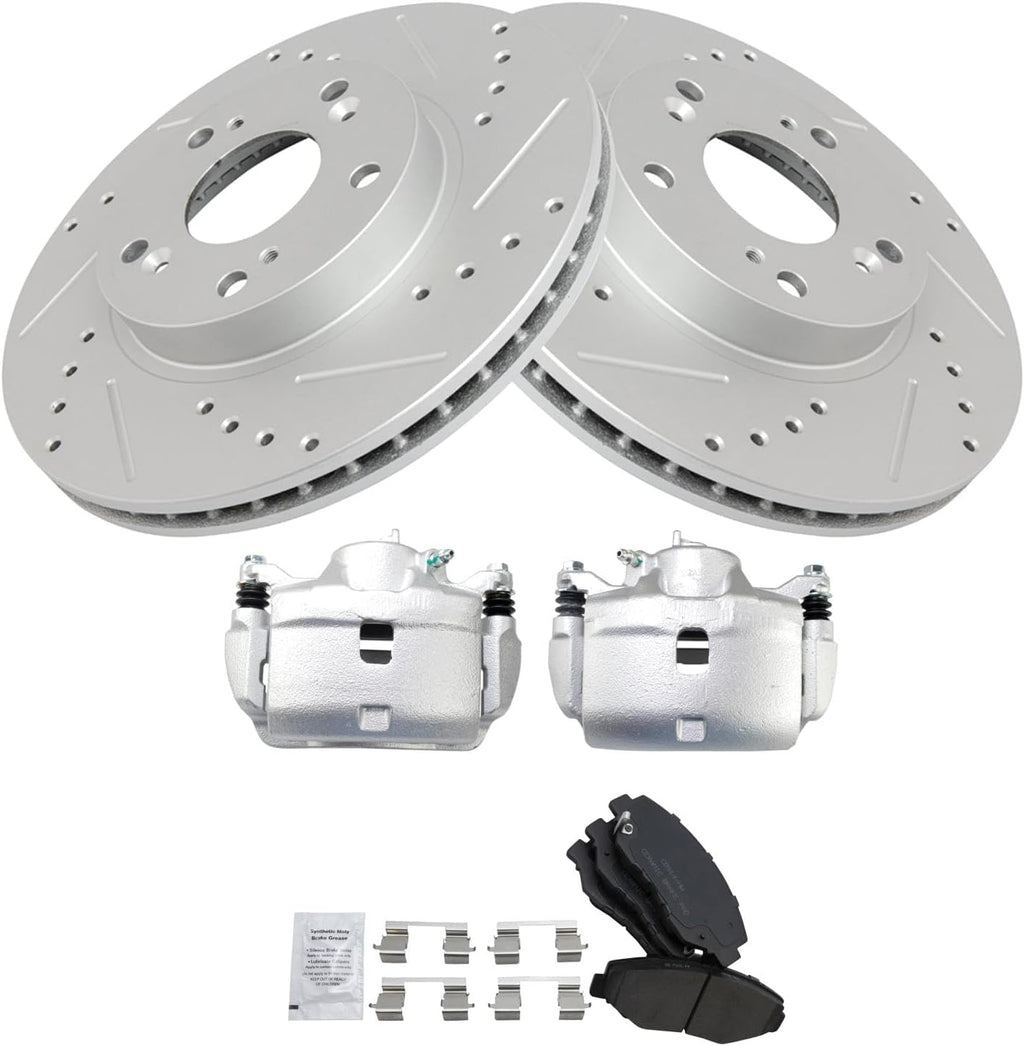 TRQ Performance Front Brake Pad and Rotor Set Ceramic Vented Rotors Calipers Compatible with 2002-2004 Honda CR-V