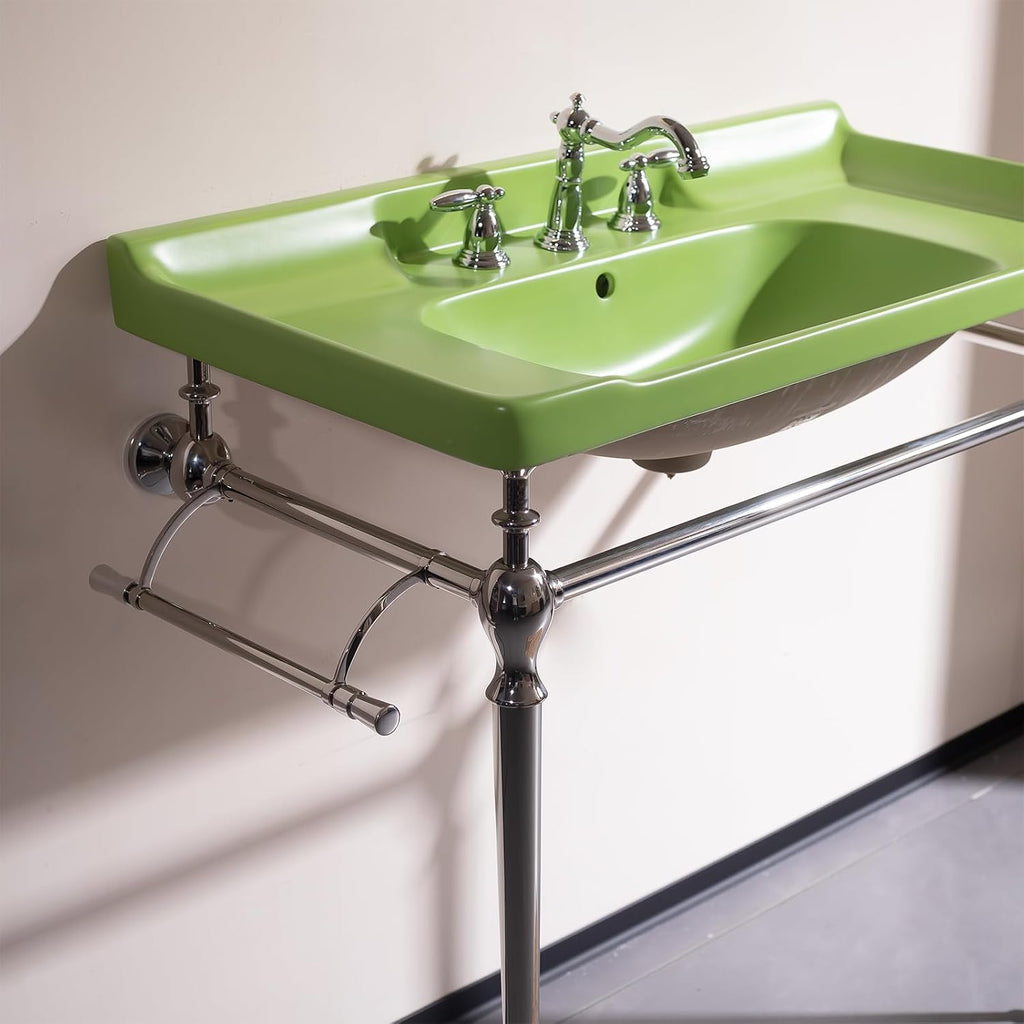 36'' Console Bathroom Sink, Freestanding Console Sink With Stainless Brushed Chrome Legs, Modern Bathroom Sink Vanities with 3 Tap Holes and Pop Up Drain, Green with Silver