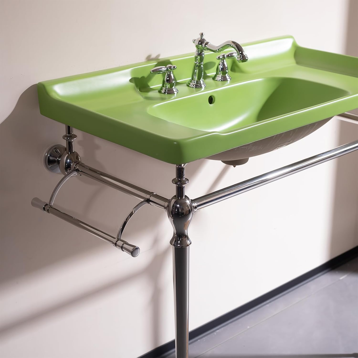 36'' Console Bathroom Sink, Freestanding Console Sink With Stainless Brushed Chrome Legs, Modern Bathroom Sink Vanities with 3 Tap Holes and Pop Up Drain, Green with Silver