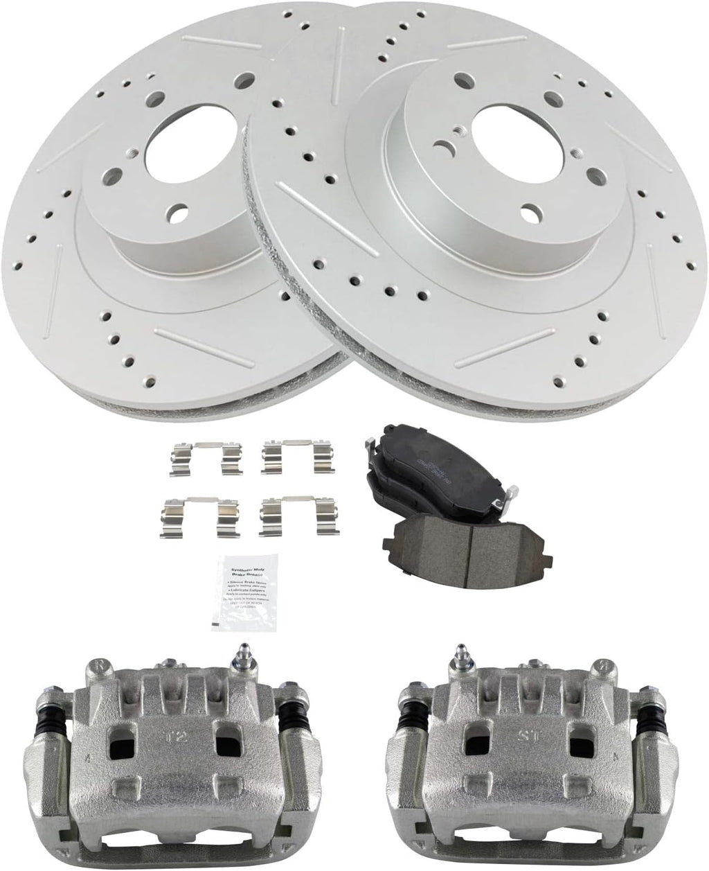 TRQ Performance Front Brake Calipers Ceramic Pads Drilled Rotors Compatible with Forester Impreza Legacy