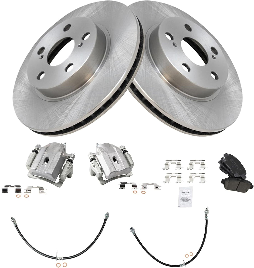 TRQ Front Brake Pad and Rotor Set Ceramic Rotors Calipers Hoses Compatible with 2004-2009 Toyota Prius