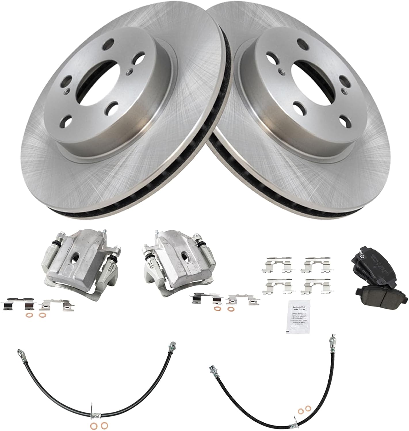 TRQ Front Brake Pad and Rotor Set Ceramic Rotors Calipers Hoses Compatible with 2004-2009 Toyota Prius
