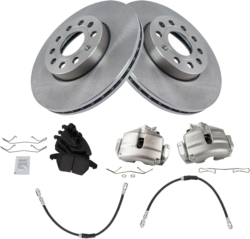 TRQ Front Brake Pad and Rotor Set Ceramic Rotors Calipers Hoses Compatible with 2010 Audi A3 2012 Volkswagen Golf 2013 GTI 2009-2010 Jetta 2006-2009 Rabbit