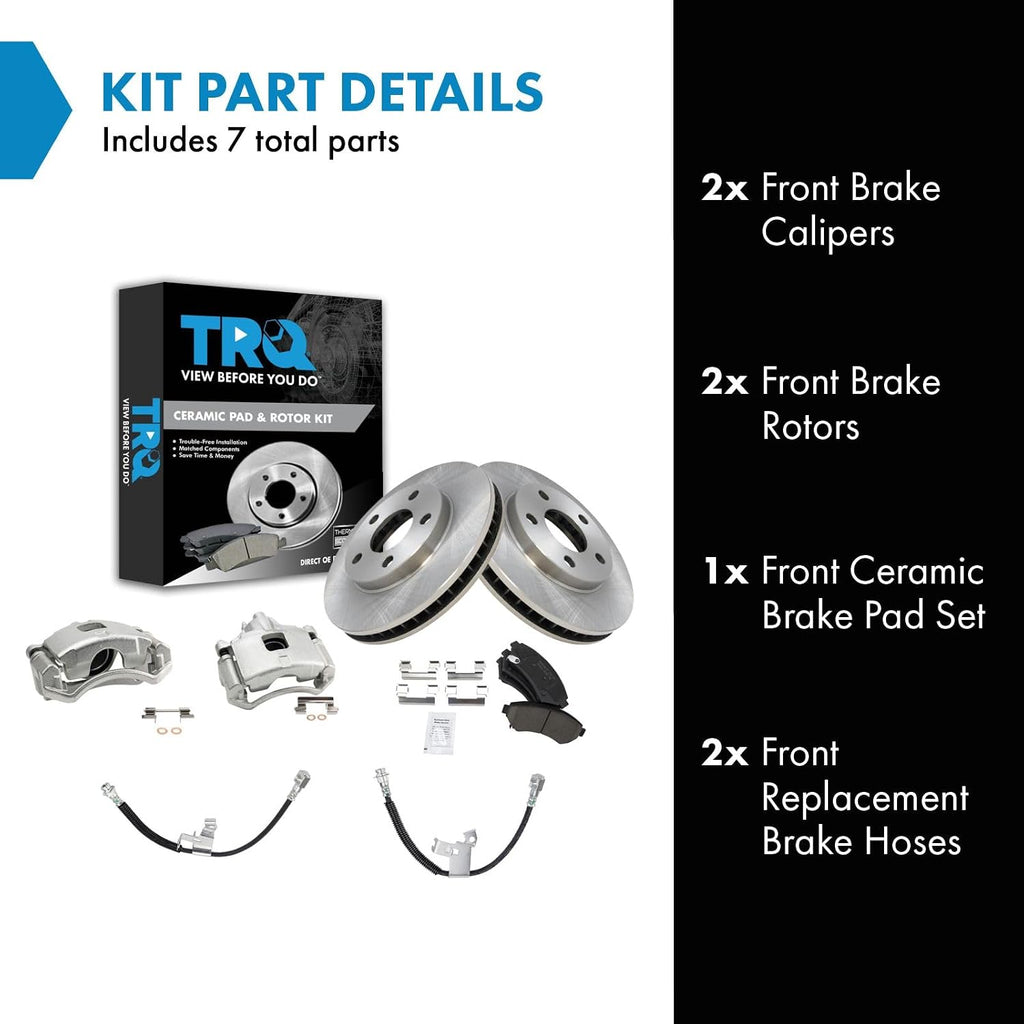 TRQ Front Brake Pad and Rotor Set Ceramic Vented Rotors Calipers Hoses Compatible with 2000-2005 Buick LeSabre Pontiac Bonneville