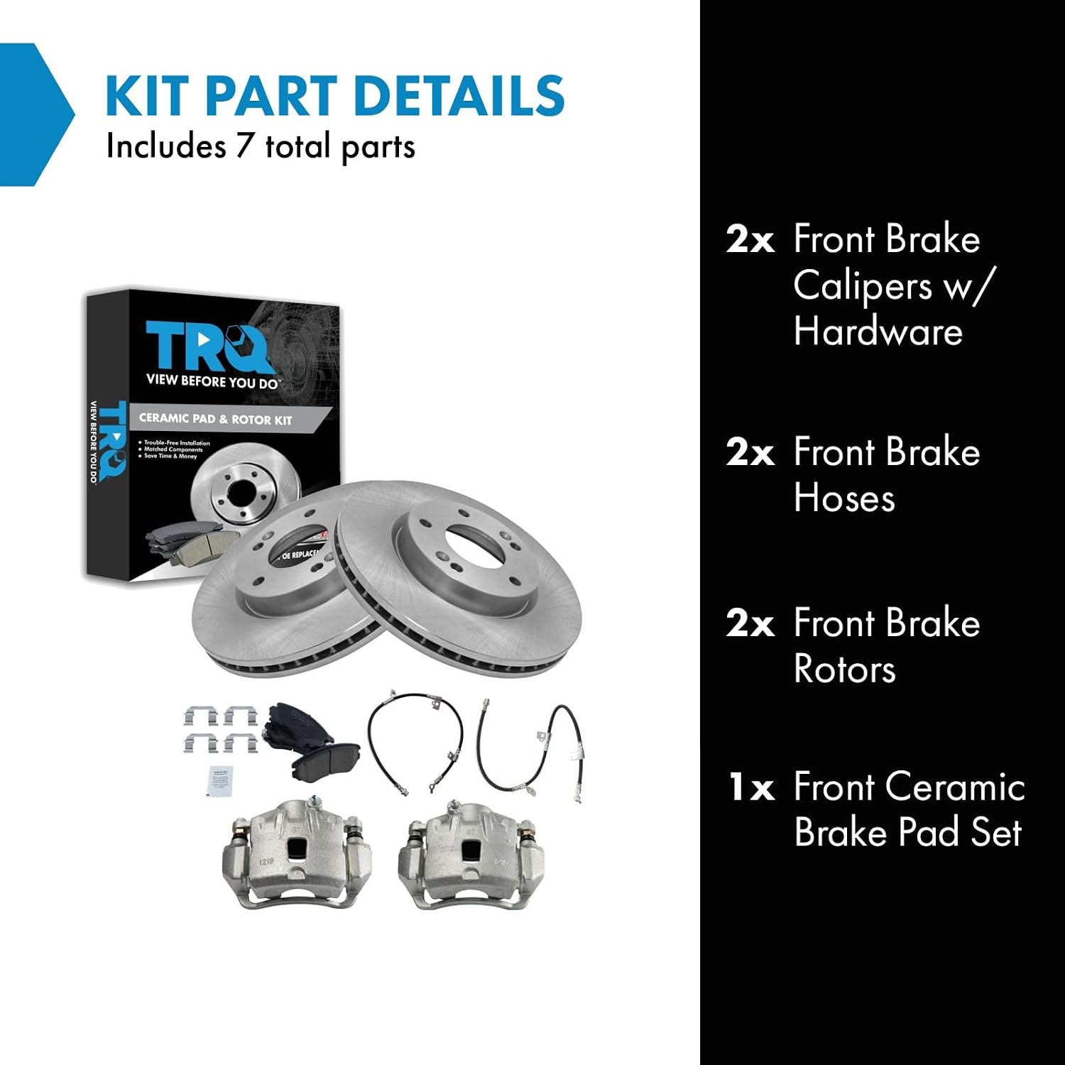TRQ Front Brake Pad and Rotor Set Ceramic Vented Rotors Calipers Hardware Hoses Compatible with 2006-2010 Hyundai Sonata