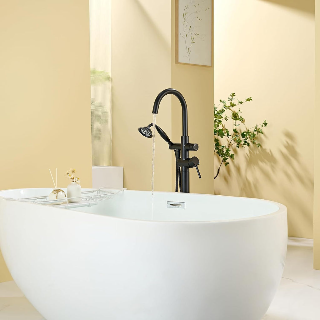 Wowkk Tub Filler Freestanding Bathtub Faucet Black Floor Mounted Brass Bathroom Tub Faucets with Hand Shower