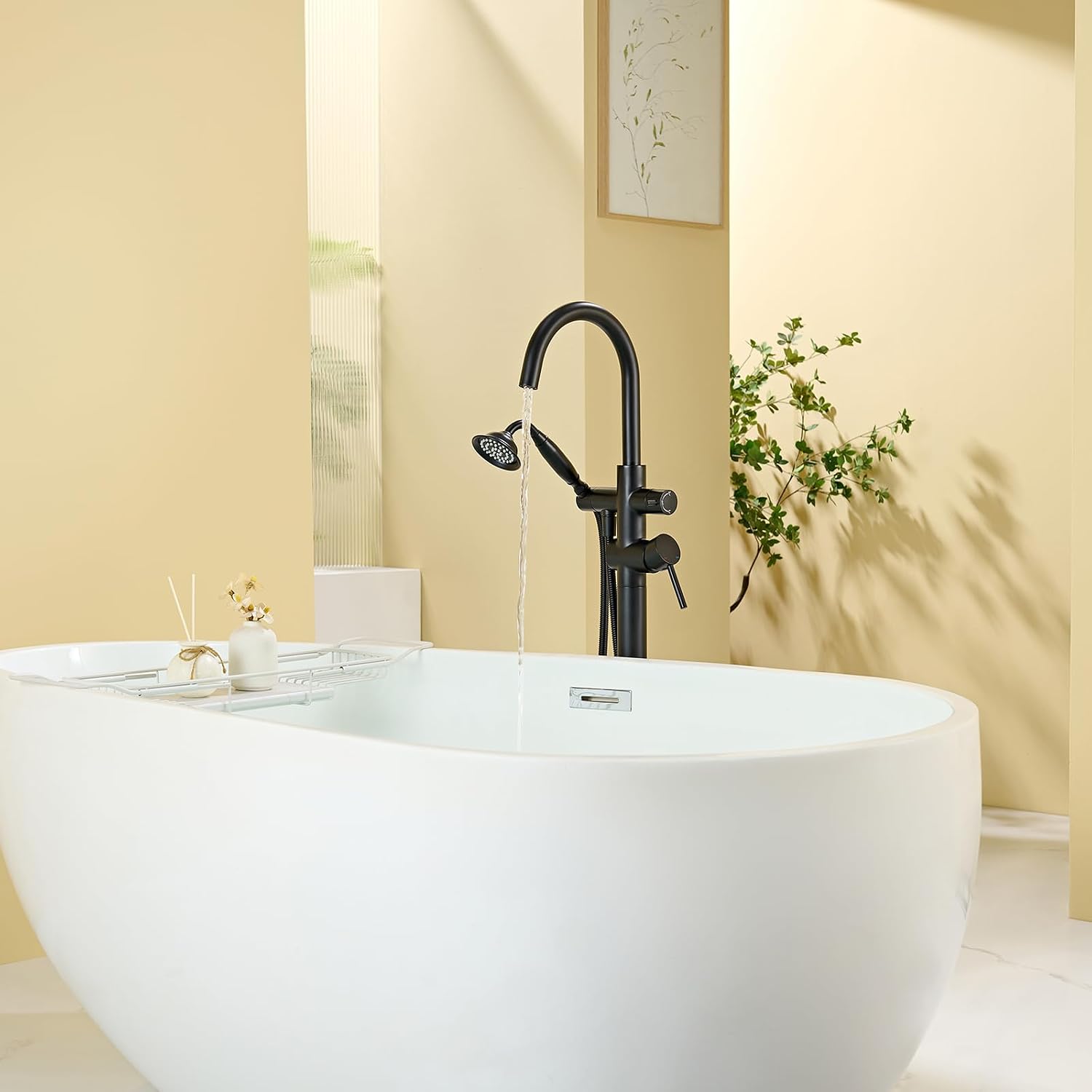 Wowkk Tub Filler Freestanding Bathtub Faucet Black Floor Mounted Brass Bathroom Tub Faucets with Hand Shower