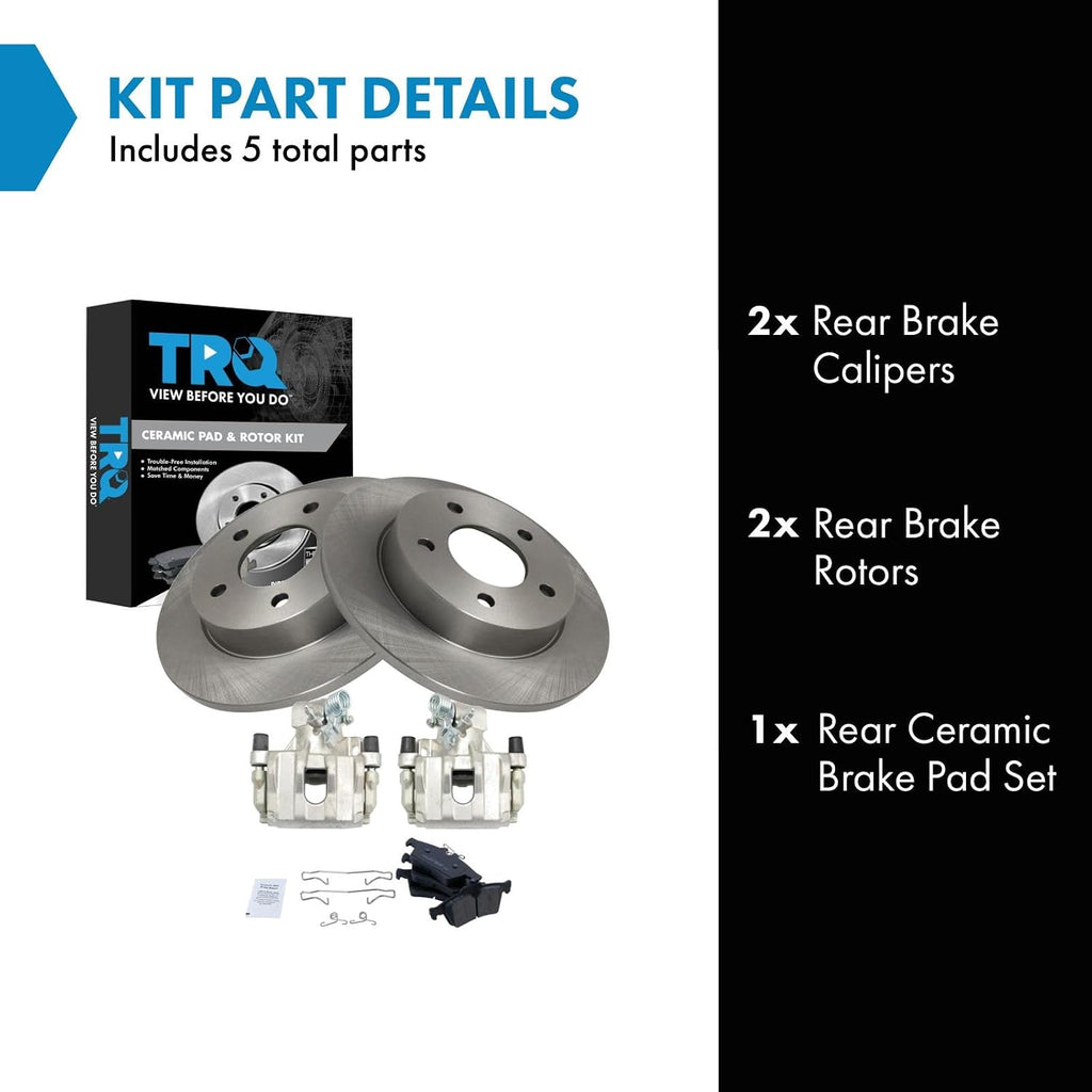 TRQ Rear Brake Pad and Rotor Set Ceramic Solid Rotors Calipers Compatible with 2009-2013 Mazda 3
