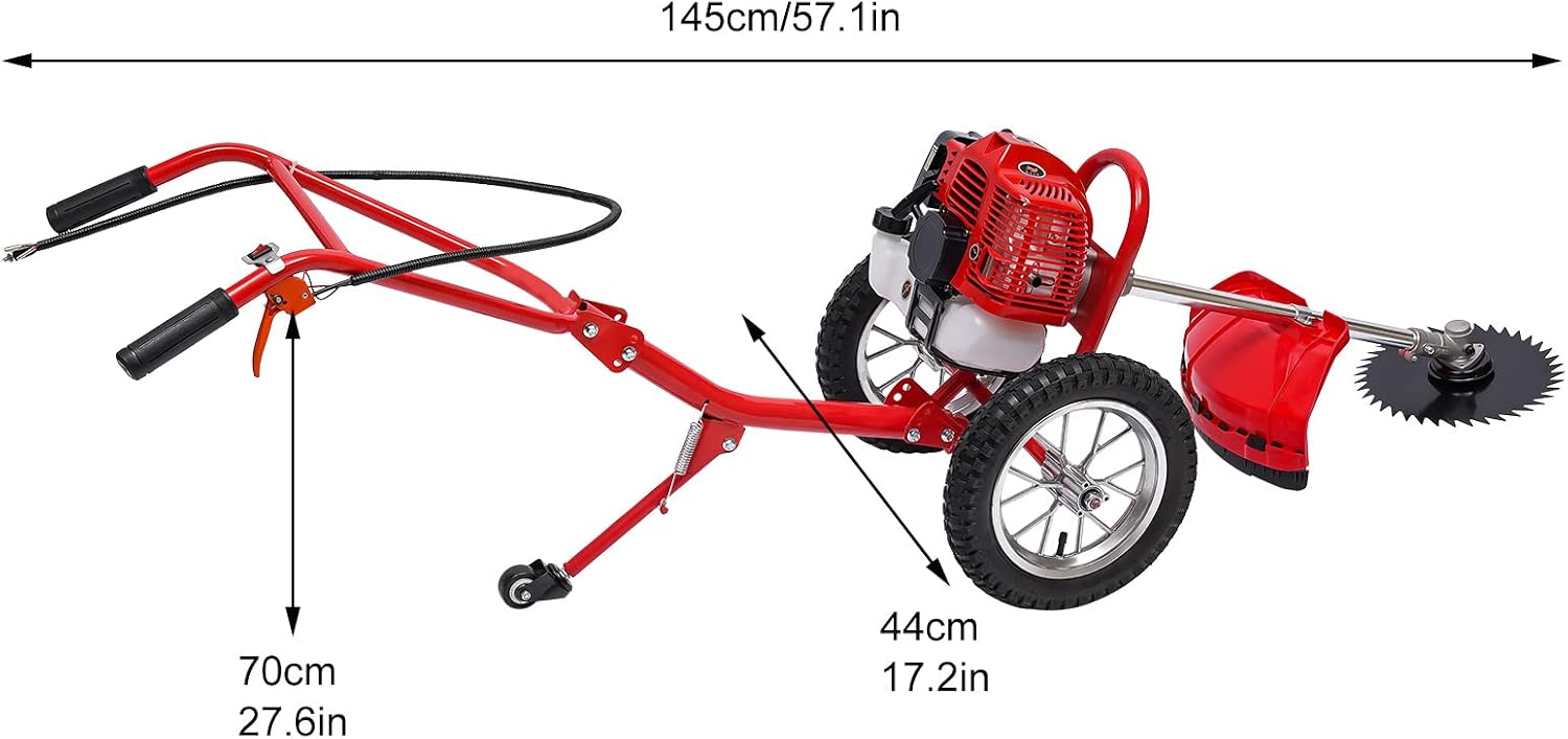 2-Stroke Gas Powered Lawn Mower, 49CC Hand-Push Weeder 2-in-1 Walk Behind String Trimmer Cutting Width 28 Cm/11.02 Inch Gas Powered Brush Cutter with Diaphragm Type Carburetor Air-Cooled